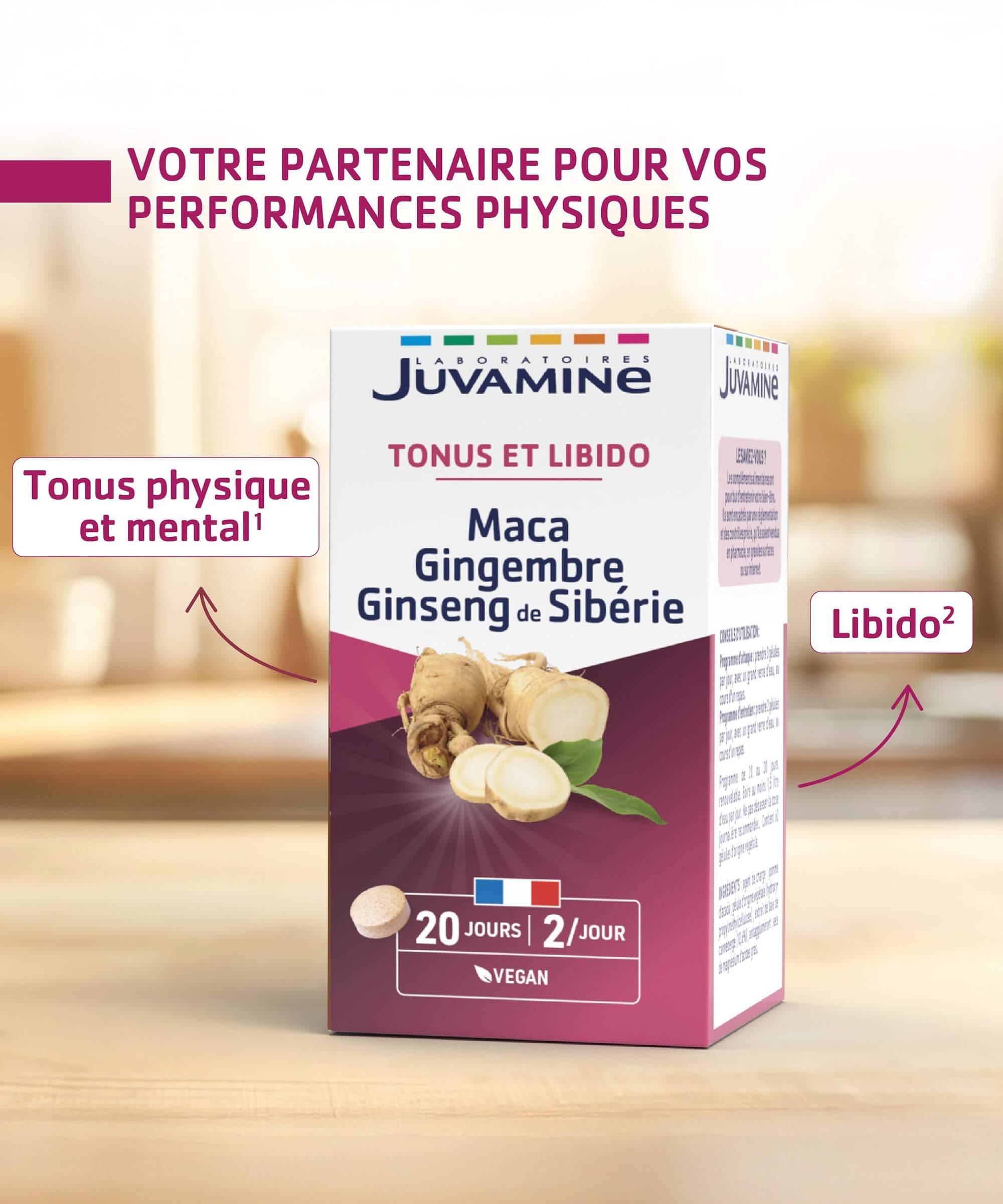 Maca Gingembre Ginseng de Sibérie - Tonus et libido - 40 comprimés | Juvamine