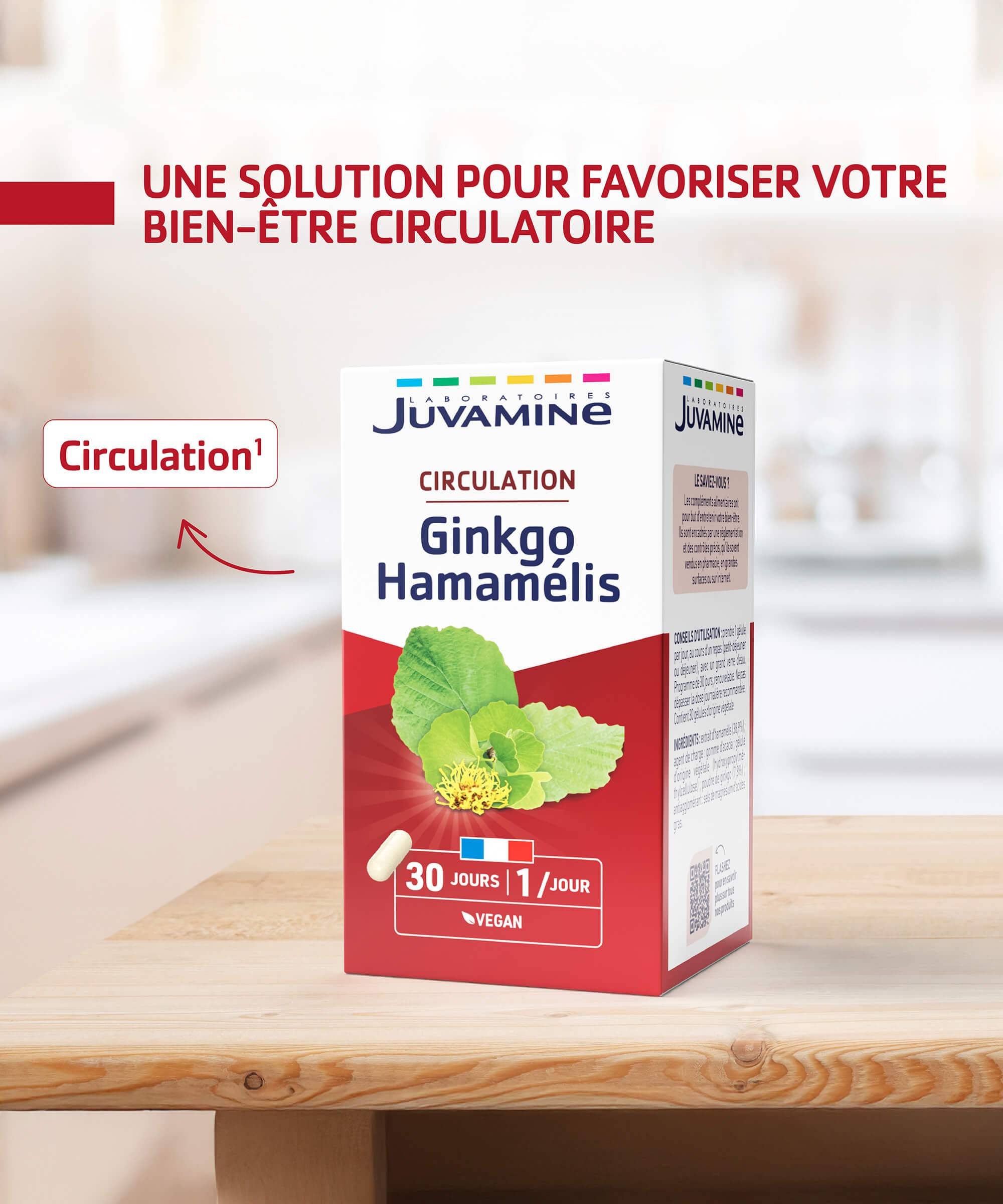 Ginkgo Hamamélis - Circulation 30 gélules d'origine végétale | Juvamine