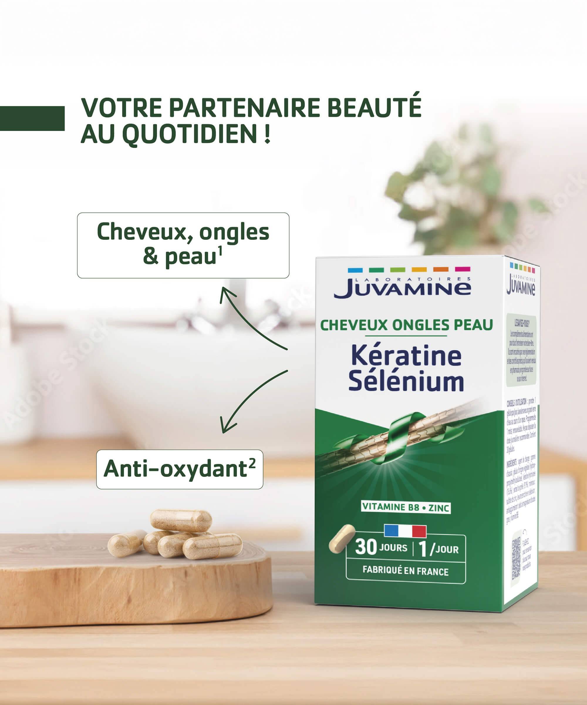 Kératine Sélénium - Beauté des Cheveux 30 gélules d'origine végétale | Juvamine