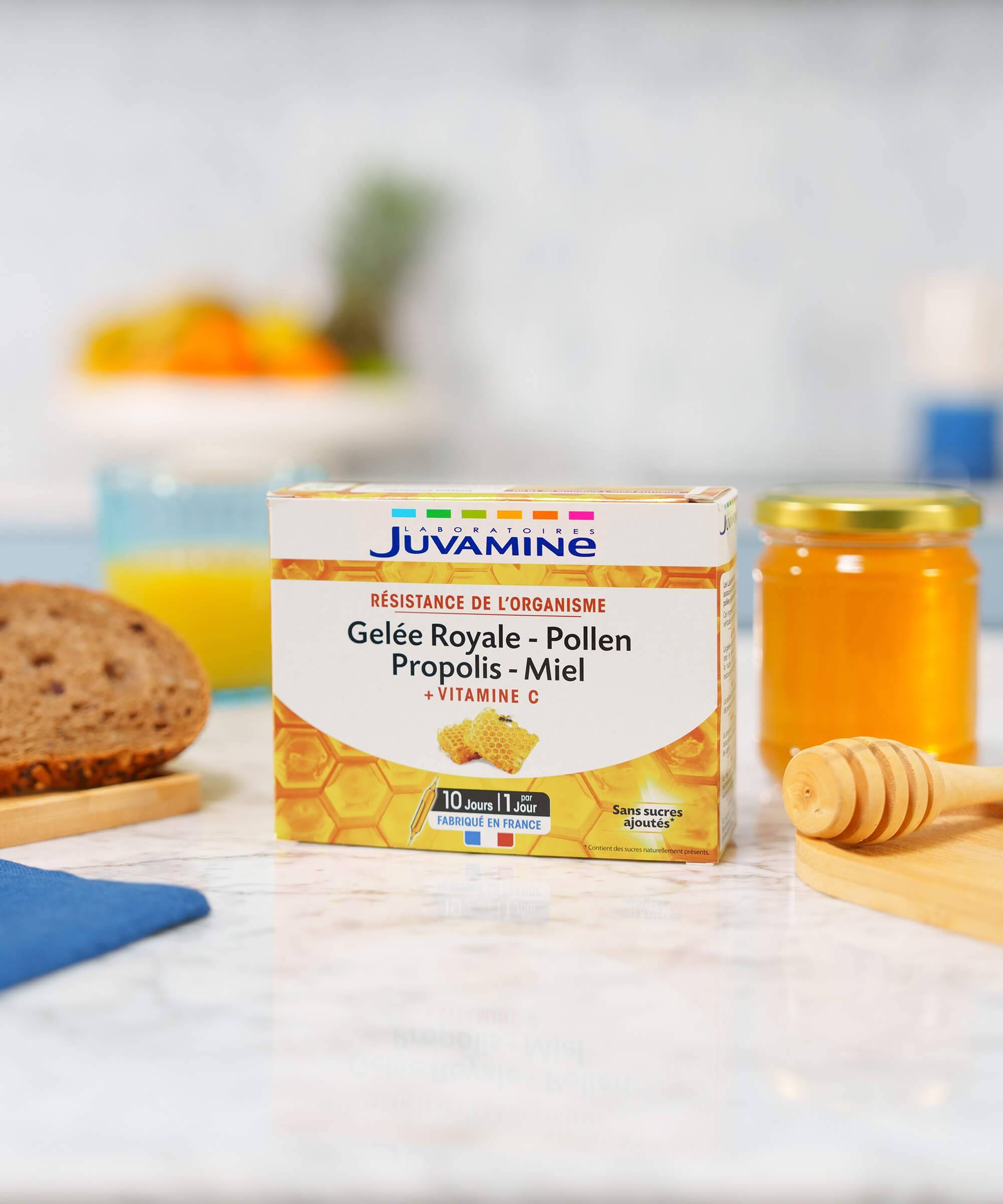 Gelée Royale, Pollen, Propolis, Miel, Vitamine C - Immunité 10 ampoules x 10 mL | Juvamine