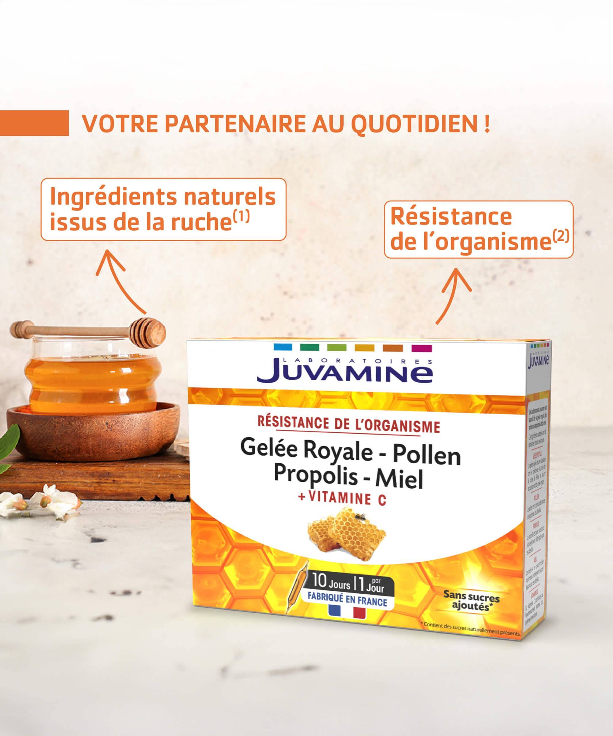 Gelée Royale, Pollen, Propolis, Miel, Vitamine C - Immunité 10 ampoules x 10 mL | Juvamine