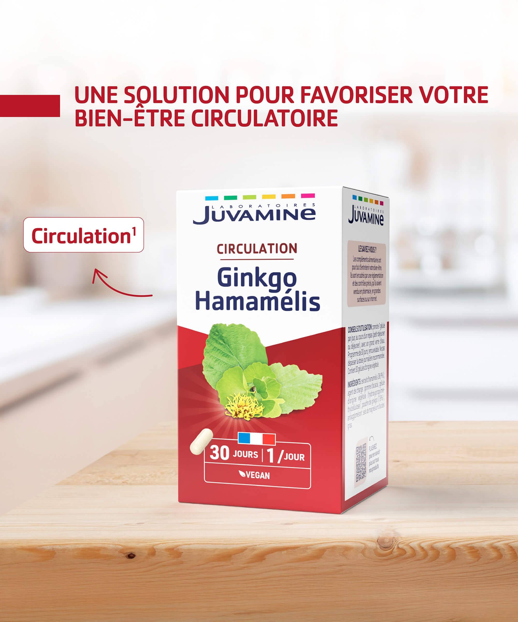 Ginkgo Hamamélis - Circulation 30 gélules d'origine végétale | Juvamine